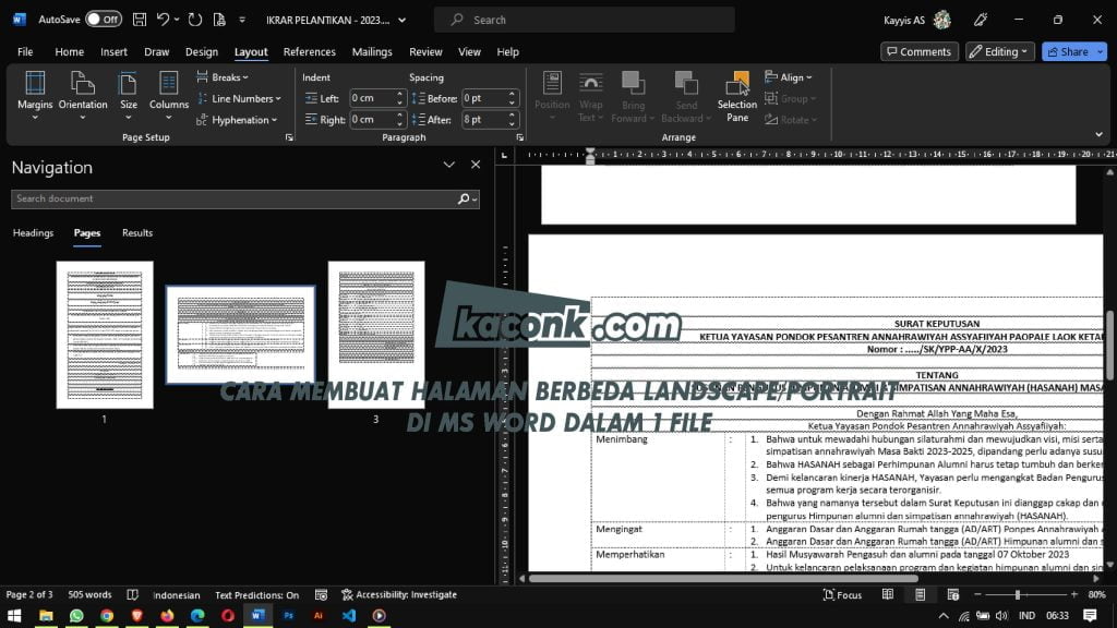 Cara Membuat Landscape atau Portrait Berbeda Halaman di Word