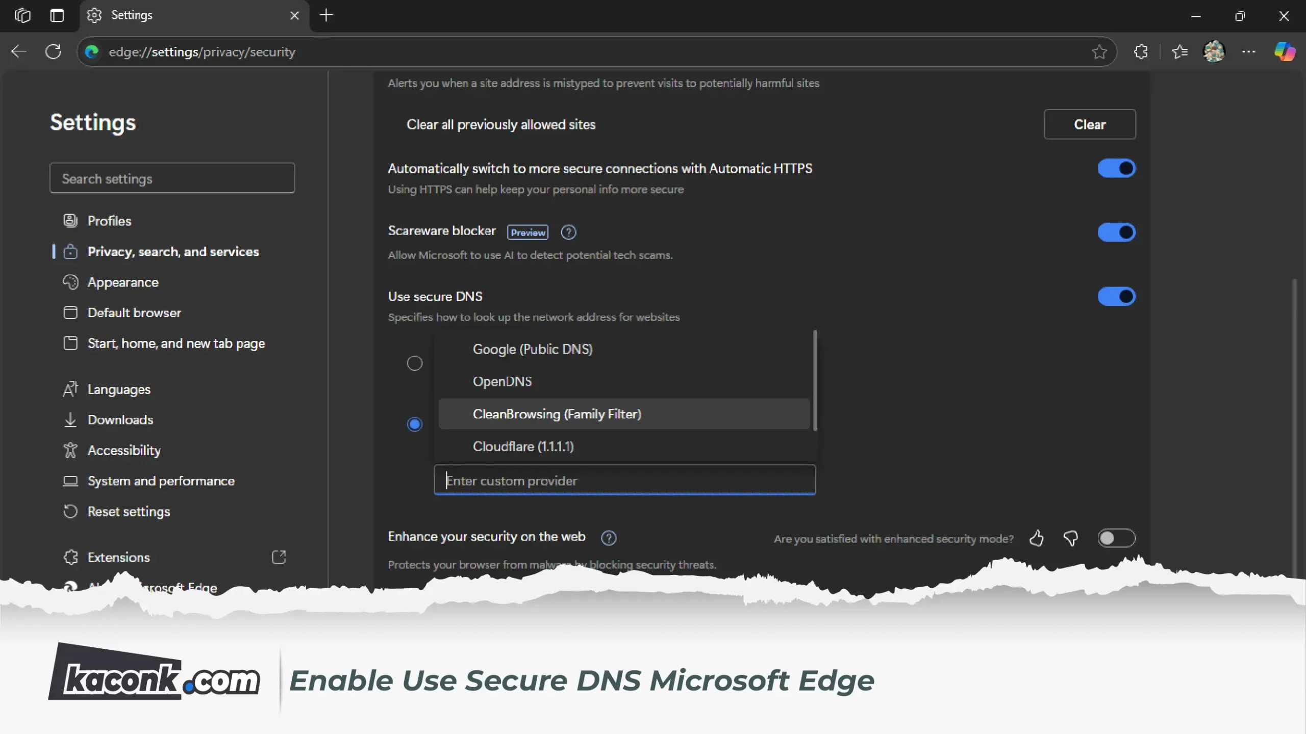 Enable Use Secure DNS Microsoft Edge