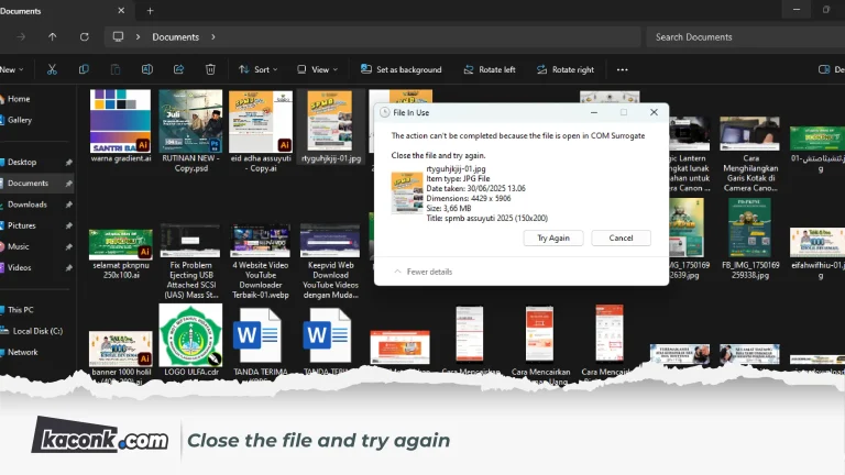 The action can't be completed because the file is open in COM Surrogate. Close the file and try again
