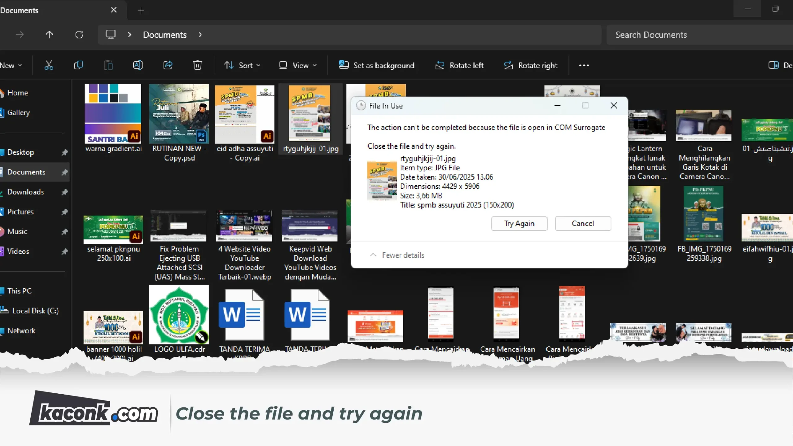 The action can't be completed because the file is open in COM Surrogate. Close the file and try again