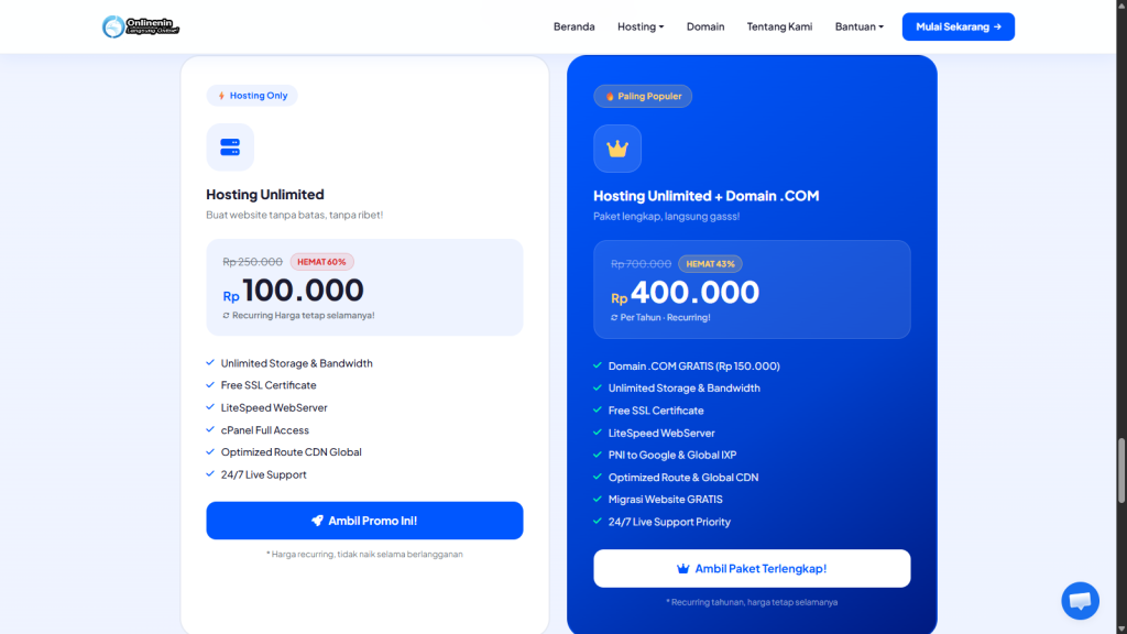 Promo Hosting Unlimited Murah Rp 100RbThn dari Onlinenin.com